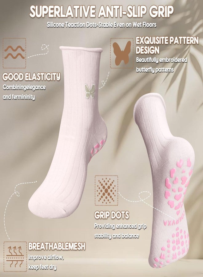 COARVXA 4 Pairs Cute Pilates Grip Socks for Women Butterfly Embroidery Non Slip Grip Socks for Yoga, Barre, Barefoot - Image 3
